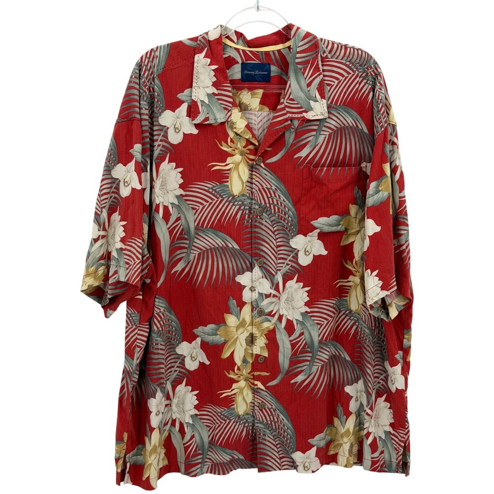 Tommy Bahama Shirt Mens XXL Red Floral Tropical Hawaiian Silk Summer Vacation